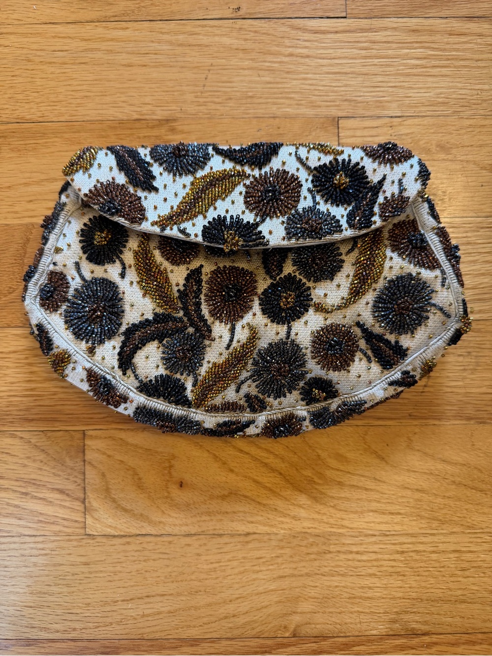 Paris Beaded Floral Evening Clutch in Ivory, Black & Gold-Tone